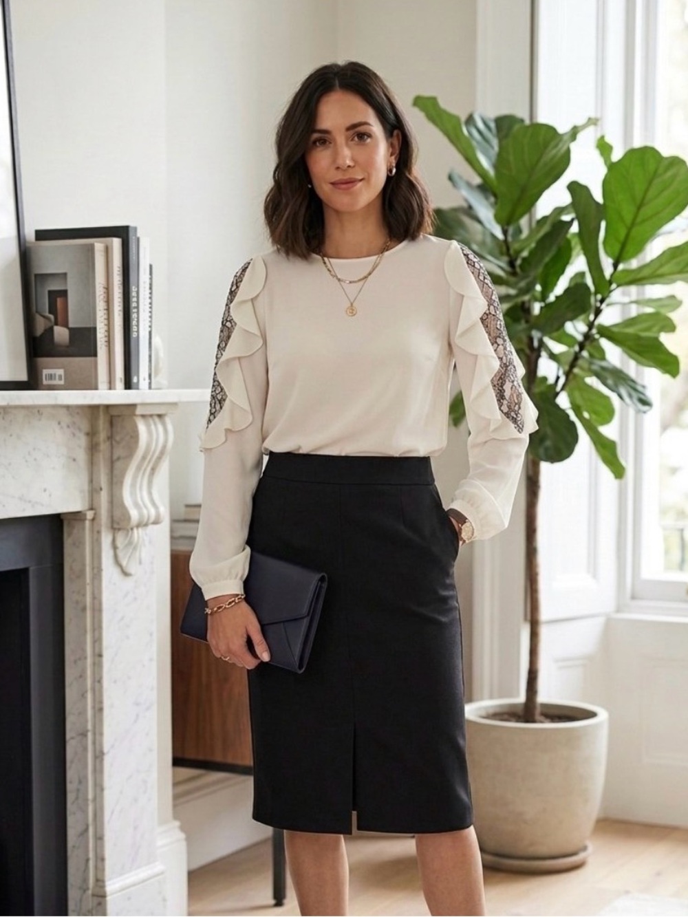 Zara Cream Ruffle Blouse with Black Lace Sleeves